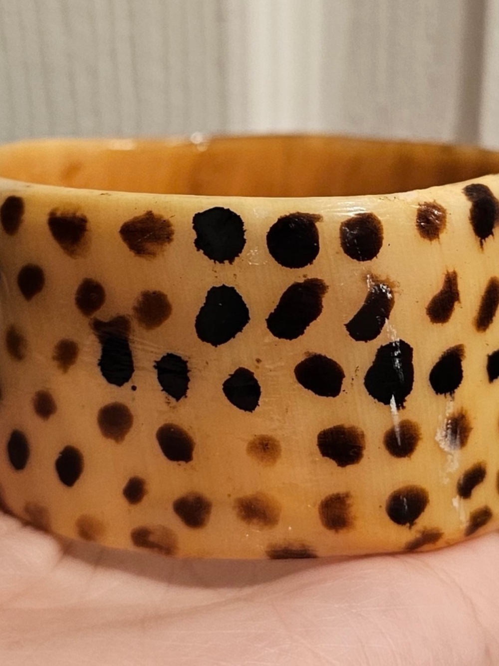 Vintage Lacquered  Spotted Brown & Blk 7”Bangle Bone/Horn Bracelet Boho Natural